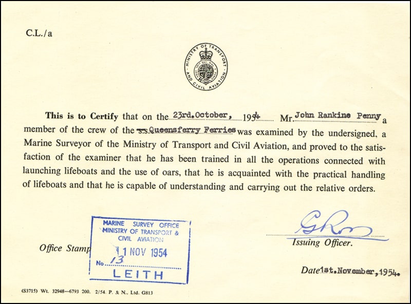 Queensferry Passage Lifeboat Certificate